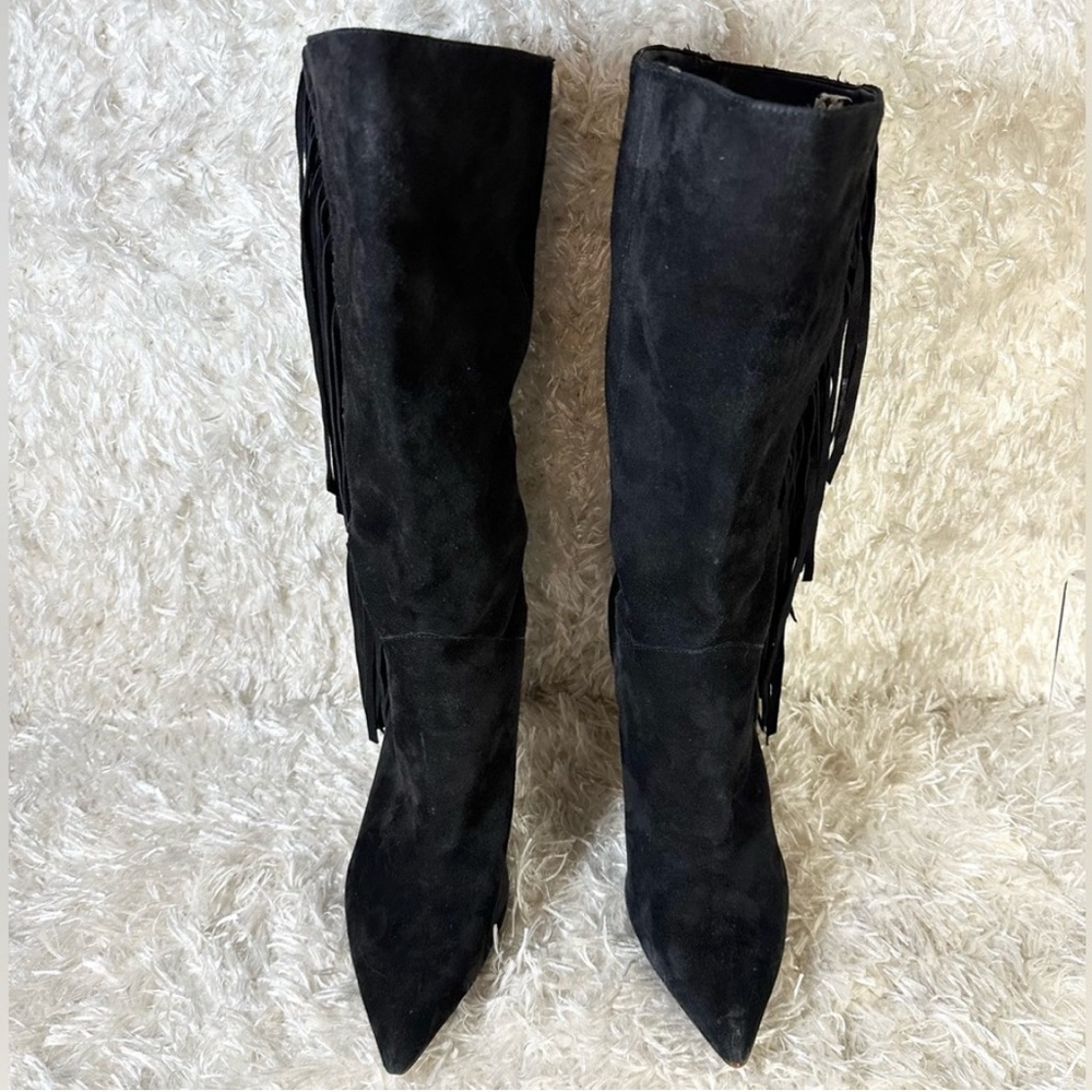 Sam Edelman Black Suede Heeled Fringe Boots Women’s Size 10.5